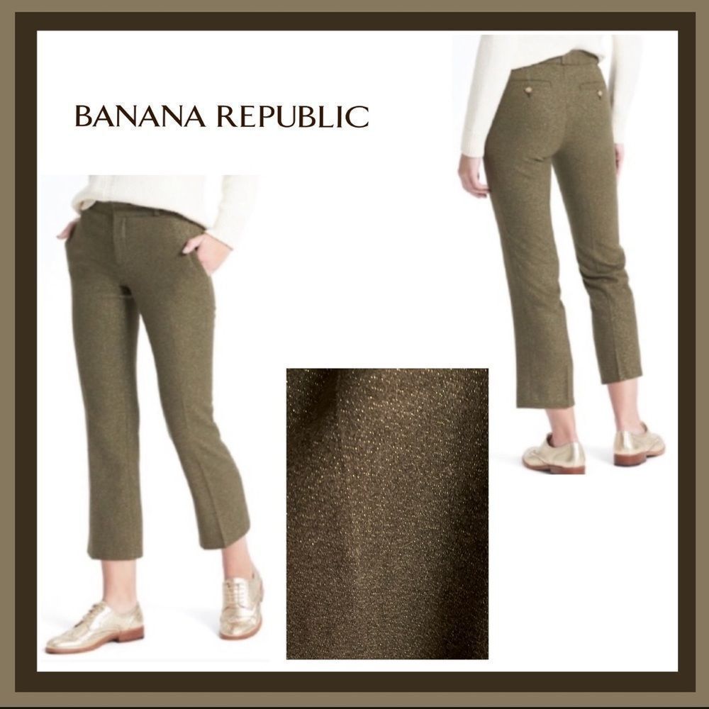 NWT Banana Republic Olive Green Gold Speck Logan Fit Cropped Trousers Size 4